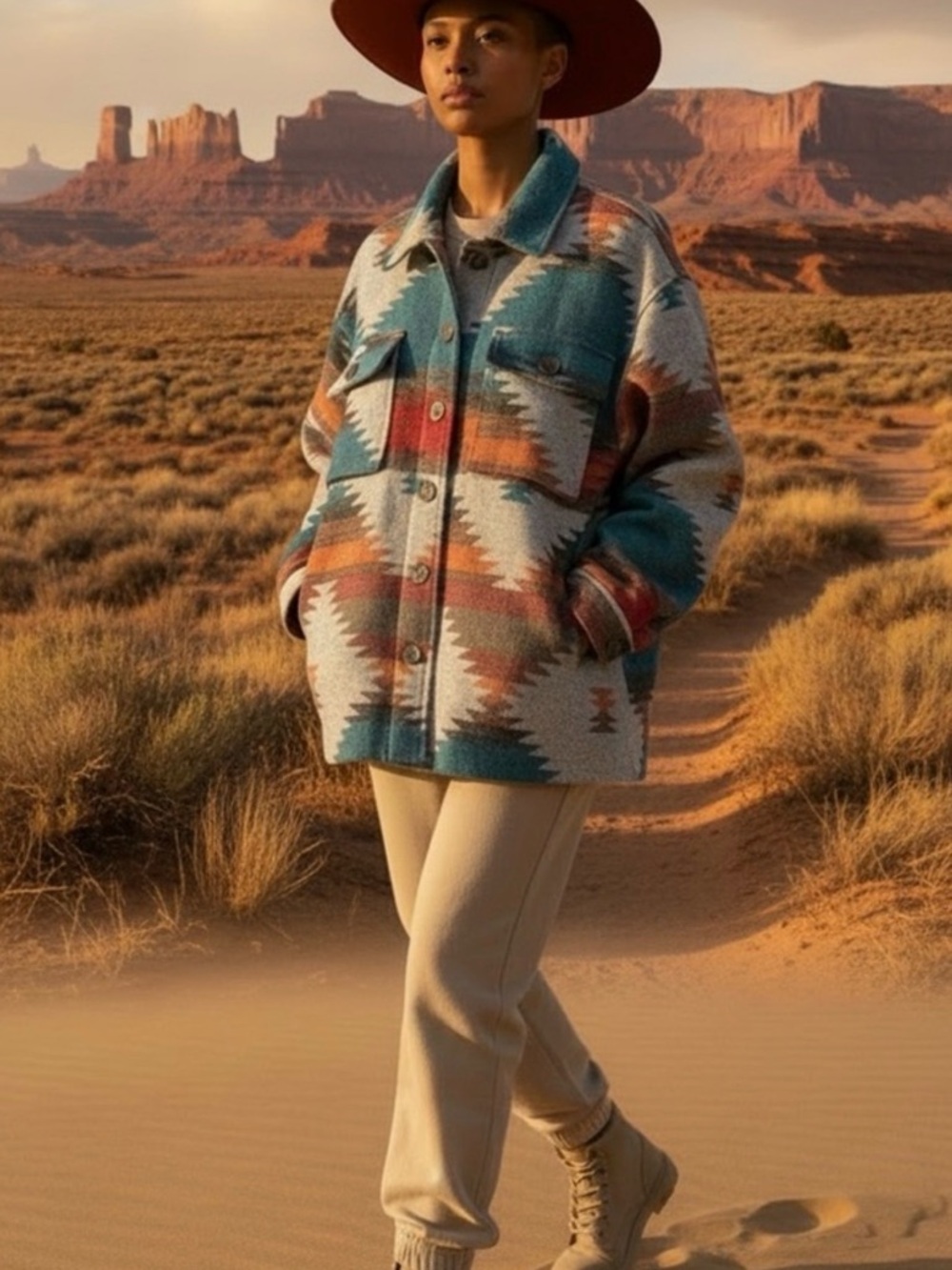 JODIFL Aztec-Pattern Utility Jacket in Teal, Rust, Cream